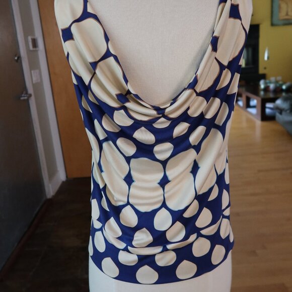 Diane von Furstenberg DVF silk blouse top cowl neck front &back blue cream sz S - Picture 4 of 14